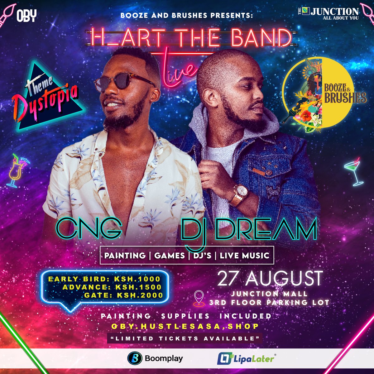 OBYAfrika's tweet photo. This coming Sato! @H_ARTTHEBAND live at #Boozeandbrushes Painting, games, music and loads of fun lined up at @thejunctionmall Issa vibe for sure! Get your tickets here>> https://t.co/fBvjVj5Paj https://t.co/aSfiyHIFzs