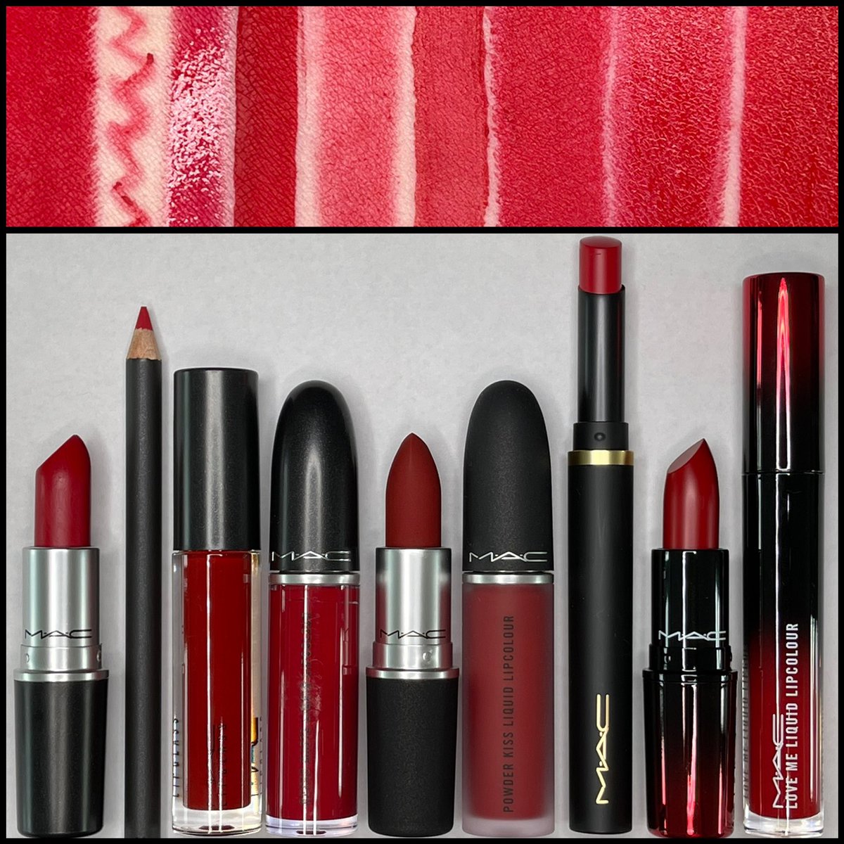 dom_mua's tweet photo. ❤️The full #MACRubyWoo line up ready for action.Swatches LtoR;
🚨#RubyWoo
💋R W LipPencil
👠R W LipGlass
🍎#RubyPhew
🌹#RubyNew
☎️#RubyBoo
🧨Ruby New #MACPowderKissVelvetBlur
📕#RubyYou
🍓#RubyDo!
What other #MAC colours would u like to see in multiple formulas? @MACcosmetics https://t.co/9gj5w8ctoH
