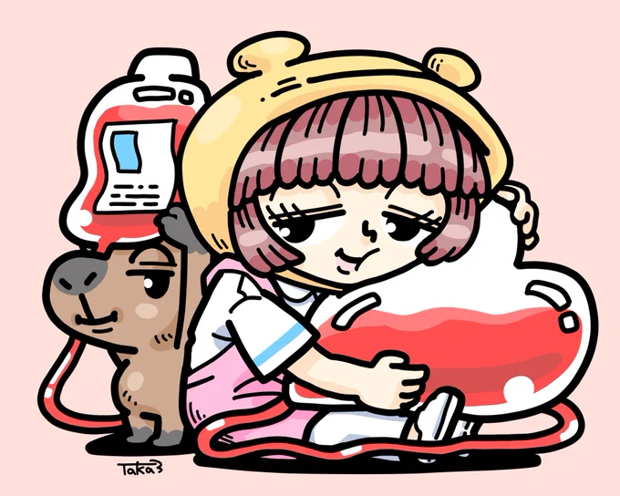 本日8/21は『献血の日』だそうですヨ〜健康なかた、ご協力どうぞヨロシクお願いいたしマス#今日は何の日 #献血の日 #イラスト #illustration #キャラクター #character#カピバラ好きすぎる子ちゃん 