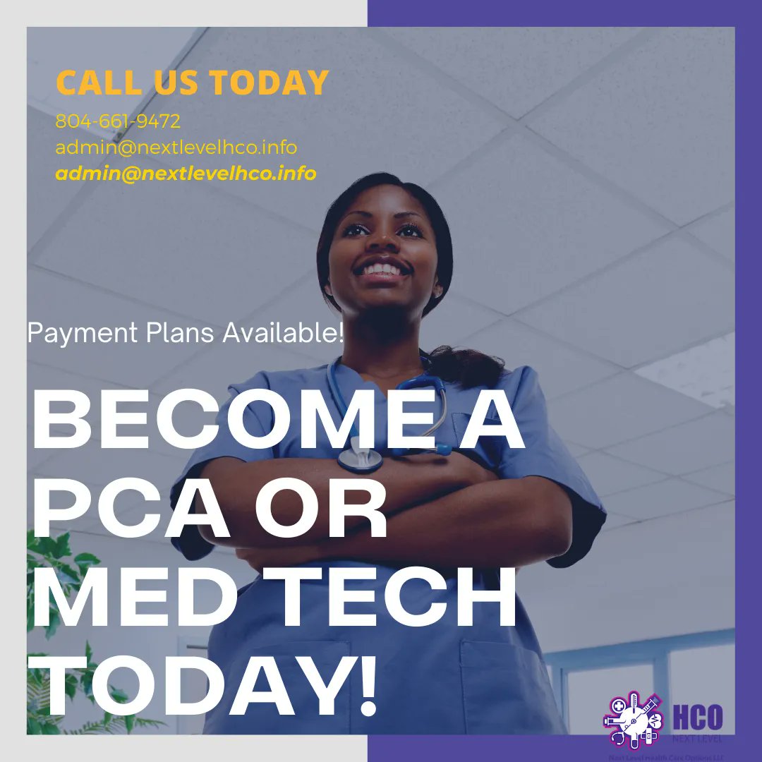 nextlevelhco's tweet photo. Are you ready to take your working career to the next level? Contact us about a med tech class! #MedTech #rvacredentials #pca #pcaclass #richmondva #rvamedtech #rva #rvanews #supportblackbusiness #RVAclass #highdemand #healthcare #blackowned #healthcareers #healthcarejobs https://t.co/lyo8K0EQA8