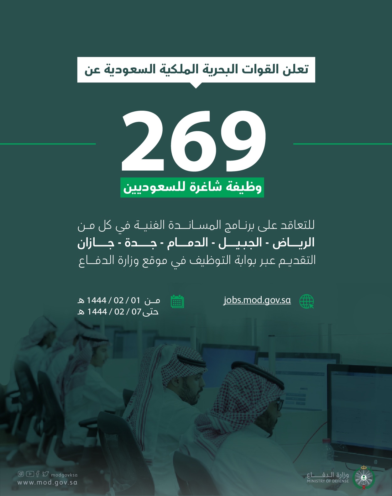 🔴 269 وظيفة حكومية

تعلن #وزارة_الدفاع عن 269 وظيفة للسعوديين للتعاقد على برنامج المساندة الفنية فى

- الرياض - الجبيل - الدمام - جدة - جازان
- التقديم يبدأ الاحد القادم 1 صفر 1444

بوابة التقديم https://jobs.mod.gov.sa/

#وظائف_الشرقية #جازان_الان #جدة_الان #الرياض_الان 
