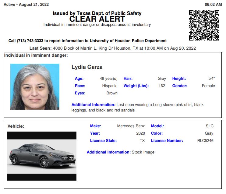TX_Alerts's tweet photo. ACTIVE MISSING ADULT ALERT for Lydia Garza from Houston, TX, on 08/21/2022, TX plate RLC5246 https://t.co/6oDvXTeWqR
