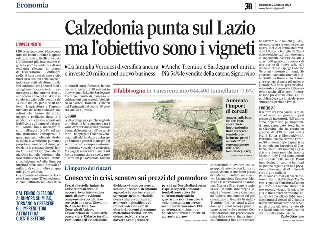 Agricoltura e mondo del vino attirano nuovi investitori. Il gruppo Calzedonia parte da 30 ettari in Lazio, Sardegna, Trentino. Ne ho scritto oggi su Messaggero e Gazzettino