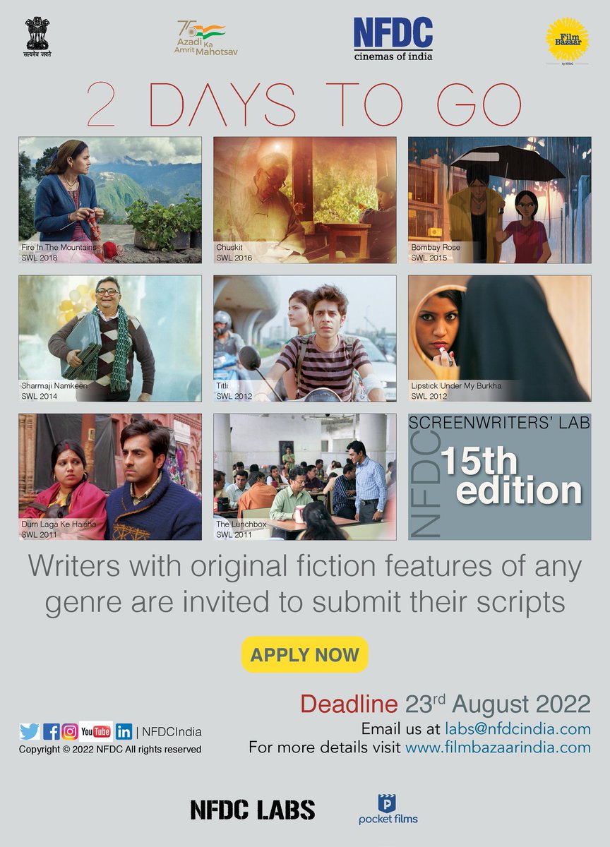 filmbazaarindia's tweet photo. Only 2 days to go ! Apply now for the 15th edition of NFDC Screenwriters'Lab. Visit https://t.co/67ZPNcqWCF for more details.
@nfdcindia @pocketfilmsin
#screenwriterslab #screenwriters #indianwriters #swl2022 #nfdc #filmbazaar https://t.co/jrXvwGoDuC