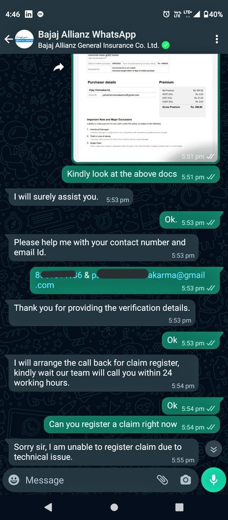 ShekharVishw's tweet photo. @BajajAllianz I chatted more than 10 Times in WhatsApp helpline, but they unable to solve my query, every time they ask for arranging call, but didn't call back me . https://t.co/30DTi0fFca