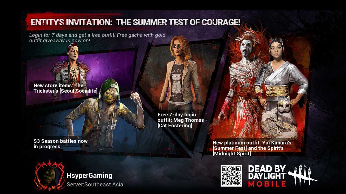 Hsyper's tweet photo. The hit title Dead by Daylight Mobile has finally launched! Free gold outfit gacha now available! Download NOW! https://t.co/6qVJ0LS084