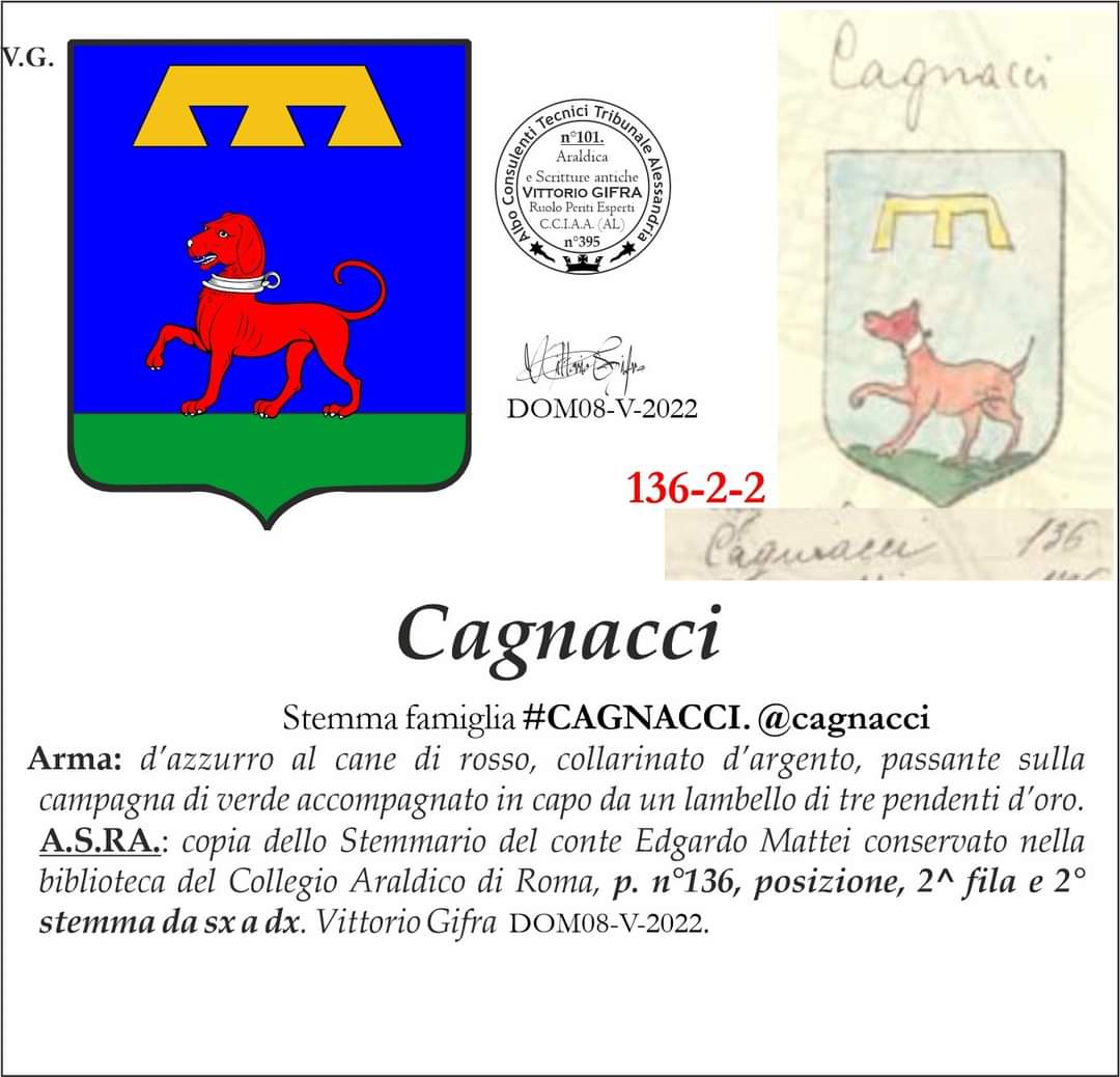 VGIFRA's tweet photo. Stemma famiglia #CAGNACCI. @CagnacciAldo
A.S.RA.: copia dello Stemmario del conte Edgardo Mattei conservato nella biblioteca del Collegio Araldico di Roma, p. n°136, posizione, 2^ fila e 2° stemma da sx a dx.
Vittorio Gifra DOM08-V-2022. https://t.co/NDPtGZYOlV