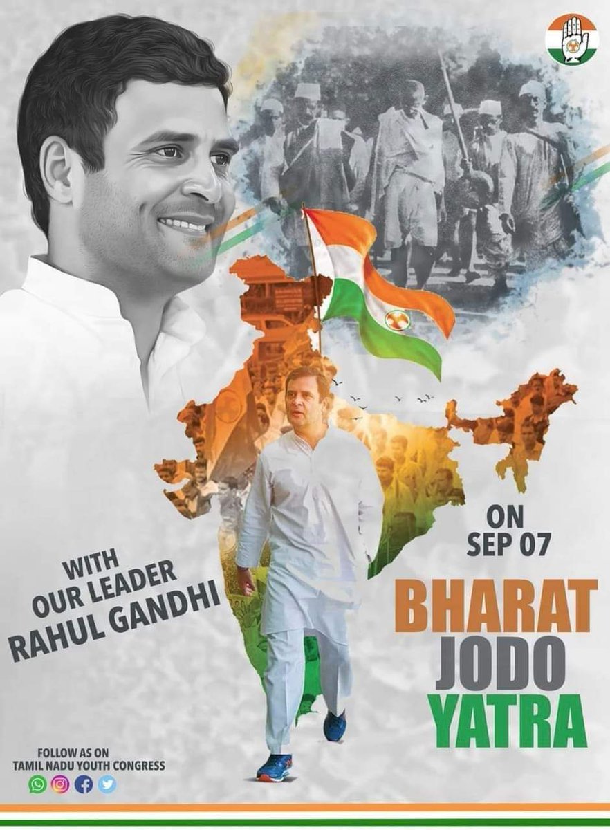 LingeshSanjai's tweet photo. #September_7
Kanyakumari to Kashmir
(150 days - 3700 km distance)
   Great #Patayathira
Young leader #Rahul_Gandhi is calling.!!
#BharatJodoYatra https://t.co/x8q4dbuNUD