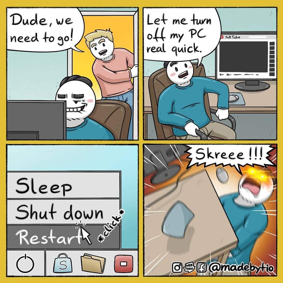 redlionsec's tweet photo. We can relate.... 😭😡 @madebytio 

#punny #ITfunny #funny #ITmeme #CyberMeme #Computer #Dadabase #dadjokes  #IT #CyberSec #InfoSec #shutdown #restart #updates #madebytio https://t.co/QSWBTnnpBy