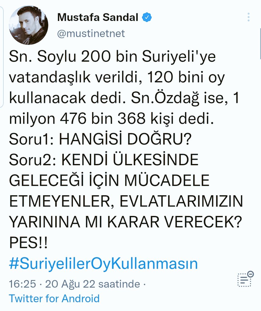 Mustafa bey, sizin Sırbistan uyruklu eski eşiniz Emina Jahovic sizinle evlendikten sonra Türk vatandaşı oldu.
Neden sırf sizinle evlilik yaptığı için bir sırp benim ülkemin yarını hakkında karar verebiliyor? <a href="/mustinetnet/">Mustafa Sandal</a> ?