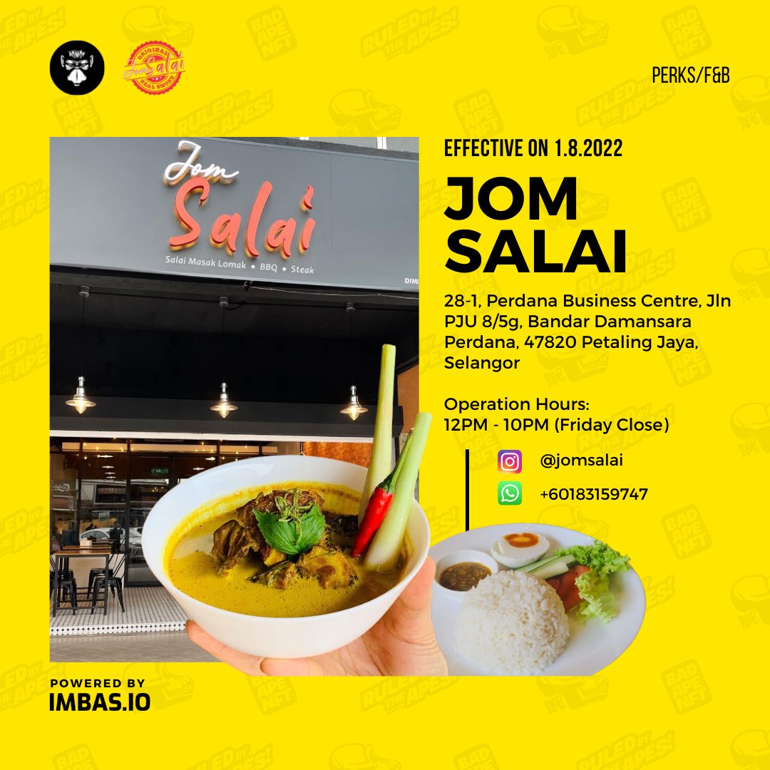 BadApeNFT's tweet photo. IRL perks: Jom Salai is rated 4.5/5 and most people rate it as one of the best salais in the Klang Valley. Try them out and enjoy the special discount as given to you. #BadApe #IRLperks #NFTCommunity #NFT #NFTAsia #p2e https://t.co/IWmTpCVUAs