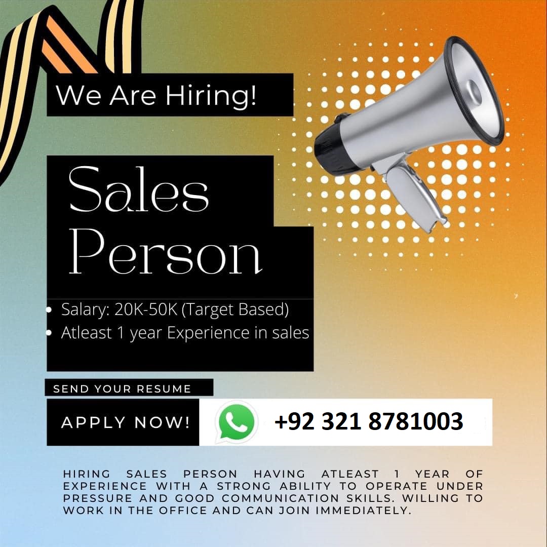 We are looking for Experienced Sales Executive
Responsibilities: 
Discovering and pursuing new Sales Prospects.
Negotiating deals and maintaining customer satisfaction. 
#jobsearch #BabarAzam #hiring #KarachiJobs #sales #marketing #salesandmarketingjobs #salesexecutivejobs #Alert