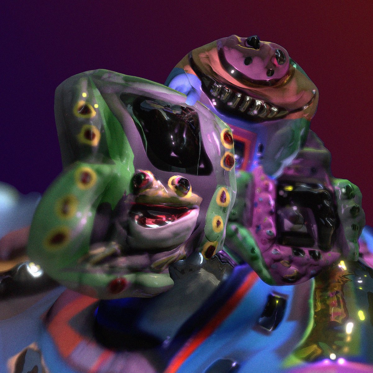 GM 🐸 here's FrogATM n' Friends on a carnivalesque adventure, sculpted in Nomad using collaged elements from a few DALL-E 2 prompts about a Jeff Koons ATM machine available on TEIA and Objkt
