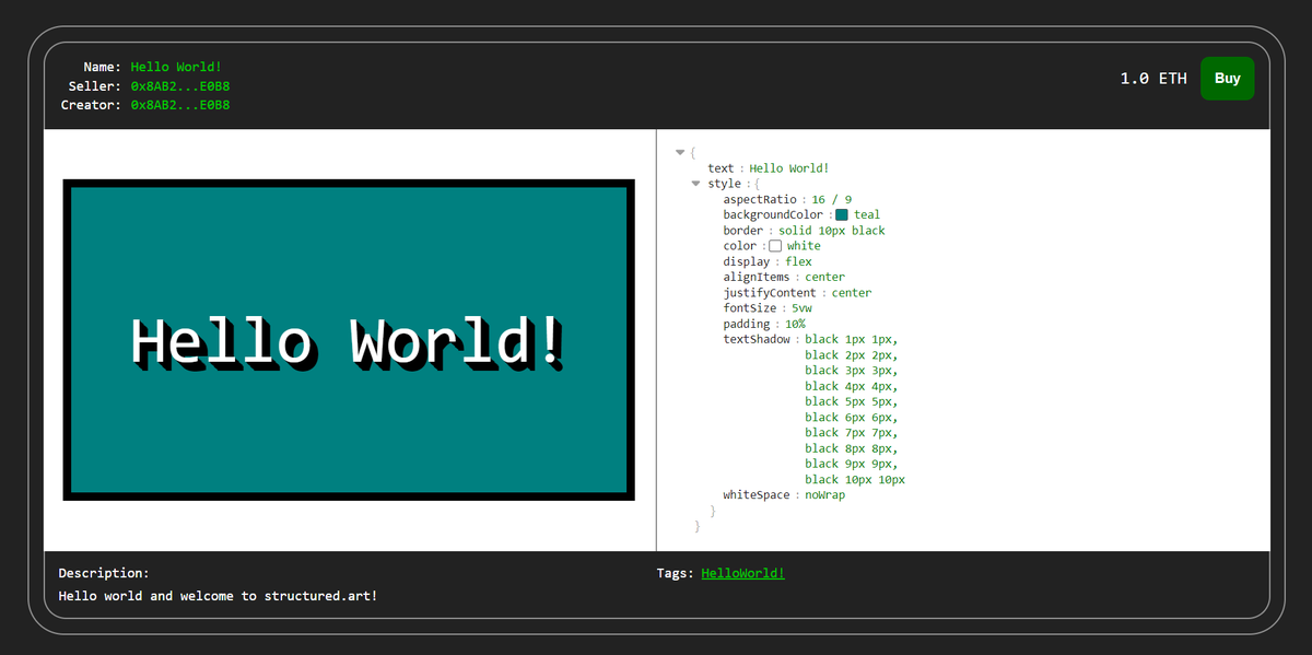 structured_art's tweet photo. Hello world and welcome to https://t.co/CnnMU3Pfgj!

We're an an experimental open platform and marketplace to mint, render, and trade HTML artwork, memes, data stores, and other digital artifacts.

We're currently in alpha and are seeking intrepid early adopters to help us grow! https://t.co/4gxLR5KerW