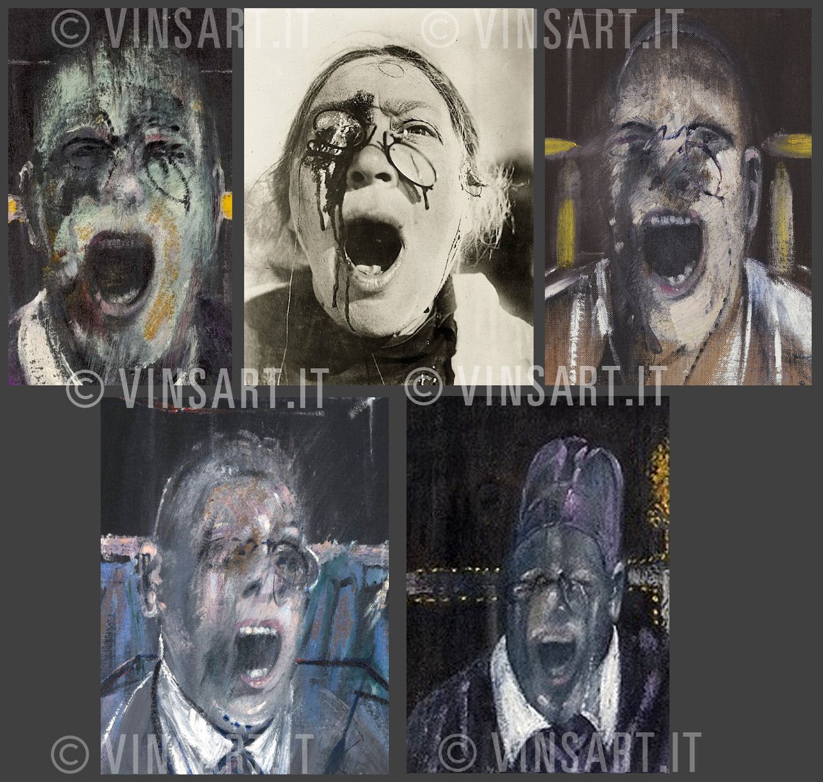 ______Vincent's tweet photo. A still from The Battleship Potemkin and Francis Bacon. 
I found this analogy and from a search on the web it seems nobody had noticed it yet (?!).
Undoubtedly Bacon was very attracted to those crooked glasses and in that exact position. https://t.co/z39xxiHyXM