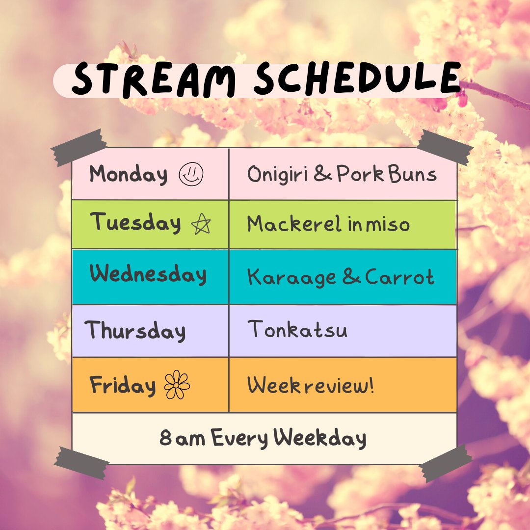 rapiidsau's tweet photo. This week's streams and recipes! :)
Hope to see you there.

All times are in AEST.
#twitch #streamers #anzstreamer https://t.co/ba5bBNyYBp
