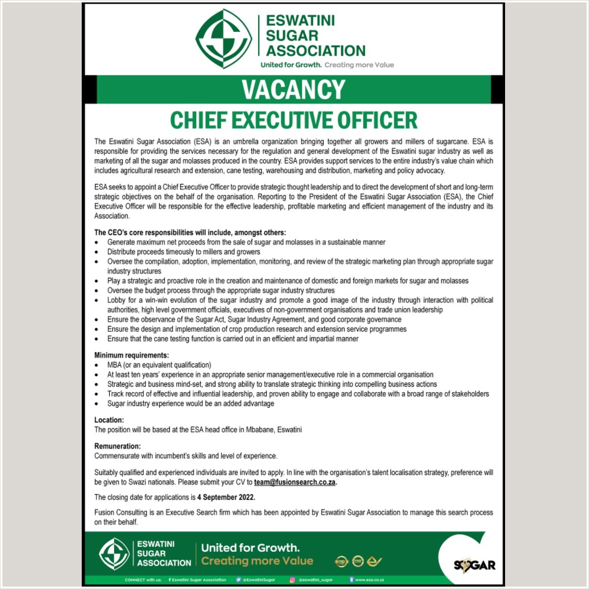 EswatiniSugar's tweet photo. 📌Executive Placement 
Vacancy - Chief Executive Officer 

#vacancy #vacancies #jobvacancy #JobVacancy_Alert #CEO #sugar #sugarindustry #Job #Jobs https://t.co/ieCmhXx9I4