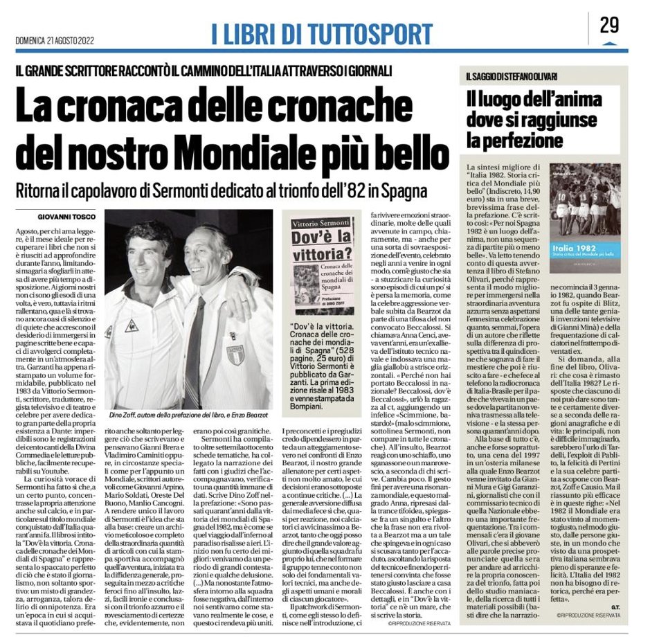 StefanoOlivari's tweet photo. Italia 1982 - Storia critica del Mondiale più bello: la recensione di Vanni Tosco su @tuttosport , affiancata a quella del miglior libro di sempre su calcio e giornalismo

#italia1982 #mondiale1982 #bearzot https://t.co/gVUTDuFg1D
