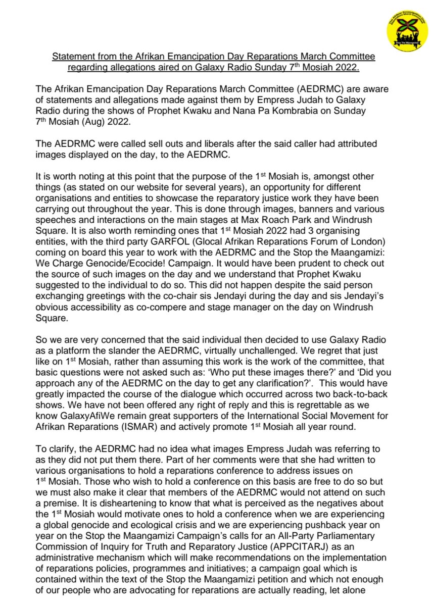 ReparationMarch's tweet photo. Statement from The Afrikan Emancipation Day Reparations March Committee regarding allegations aired on Galaxy Radio Sunday 7th Mosiah 2022. Statement also available on our homepage https://t.co/EwpAj9JmsQ and on @ReparationMarch (Instagram) https://t.co/eImwd06Vly