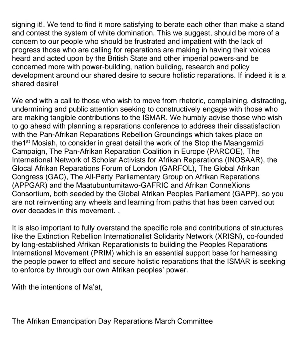 ReparationMarch's tweet photo. Statement from The Afrikan Emancipation Day Reparations March Committee regarding allegations aired on Galaxy Radio Sunday 7th Mosiah 2022. Statement also available on our homepage https://t.co/EwpAj9JmsQ and on @ReparationMarch (Instagram) https://t.co/eImwd06Vly