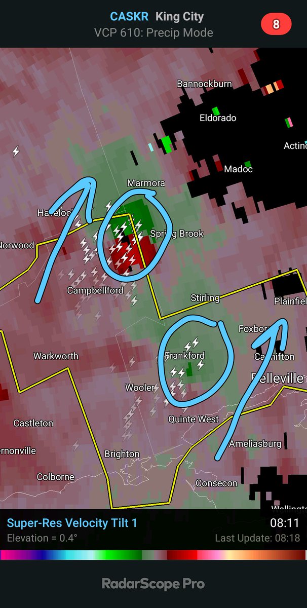 caltek79's tweet image. #oncell near @MarmoraandLake showing potential rotation on radar (image from 8:11a)  as well as significant increase in lightning.

Cell near Frankford should be watched as well.

If in path take shelter to be safe.

@StormhunterTWN @IWeatherON @caleybedore @AlannahFranks