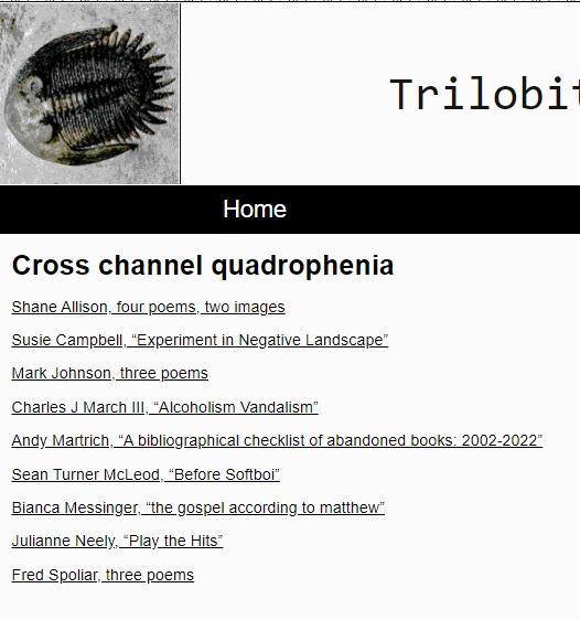 While Sam Helgeson and I are already hard at work on Issue 4, it is with utmost gratitude and fervent admiration that I present to you Trilobite 3: The "cross channel quadrophenia" issue. trilobite.bond