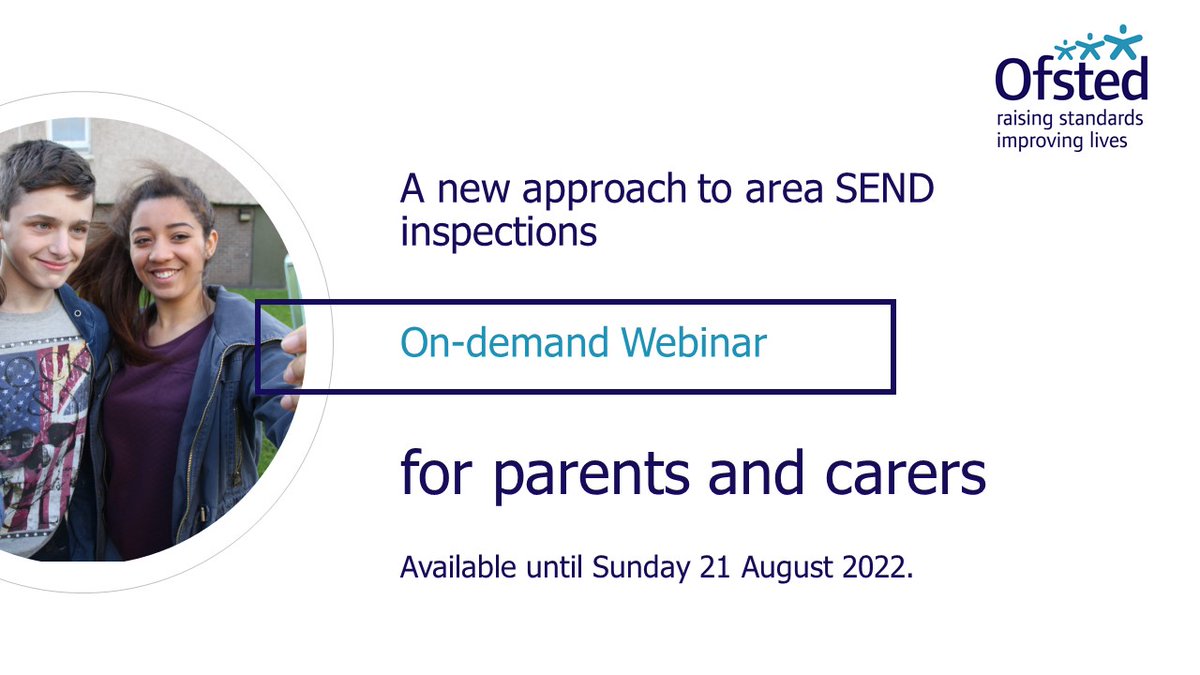 Ofstednews's tweet photo. Parents and carers of children and young people with SEND - we want to hear from you!  Watch our webinar, available on-demand until 21 August 2022, to find out more.   @CareQualityComm https://t.co/pCrI6FOb5V https://t.co/kmGDRmdGXd