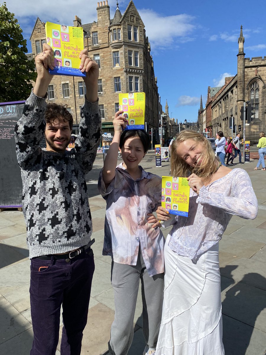 lastminuteprodz's tweet photo. The Hands &amp; Flowers gang has arrived in Edinburgh!!! We’re so excited to get going, come say hi to us if you see our lovely yellow flyers out and about!!  

@costilevy @theSpaceUK 

#edfringe #EdFringe2022 #edfringe22 #thespaceuk https://t.co/ilEu3KTEVX