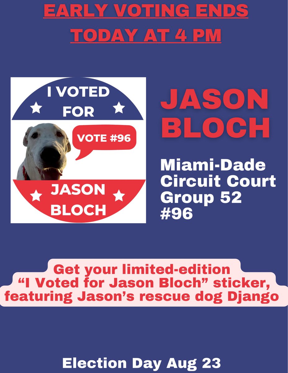 jasonbloch305's tweet photo. 3 hours left to Early Vote!

Jason Bloch for Miami-Dade Judge! 

Endorsed:
#MiamiHerald #MiamiTimes #MiamiCommunityNews #PoliticalCortadito #TrueHomesteadNews #UnitedTeachersofDade #LeagueOfProsecutors #SAVE #Emgage #MelbaPearsonForJustice #IVAC,faith leaders,&amp; elected officials! https://t.co/jKkxFNi5aD