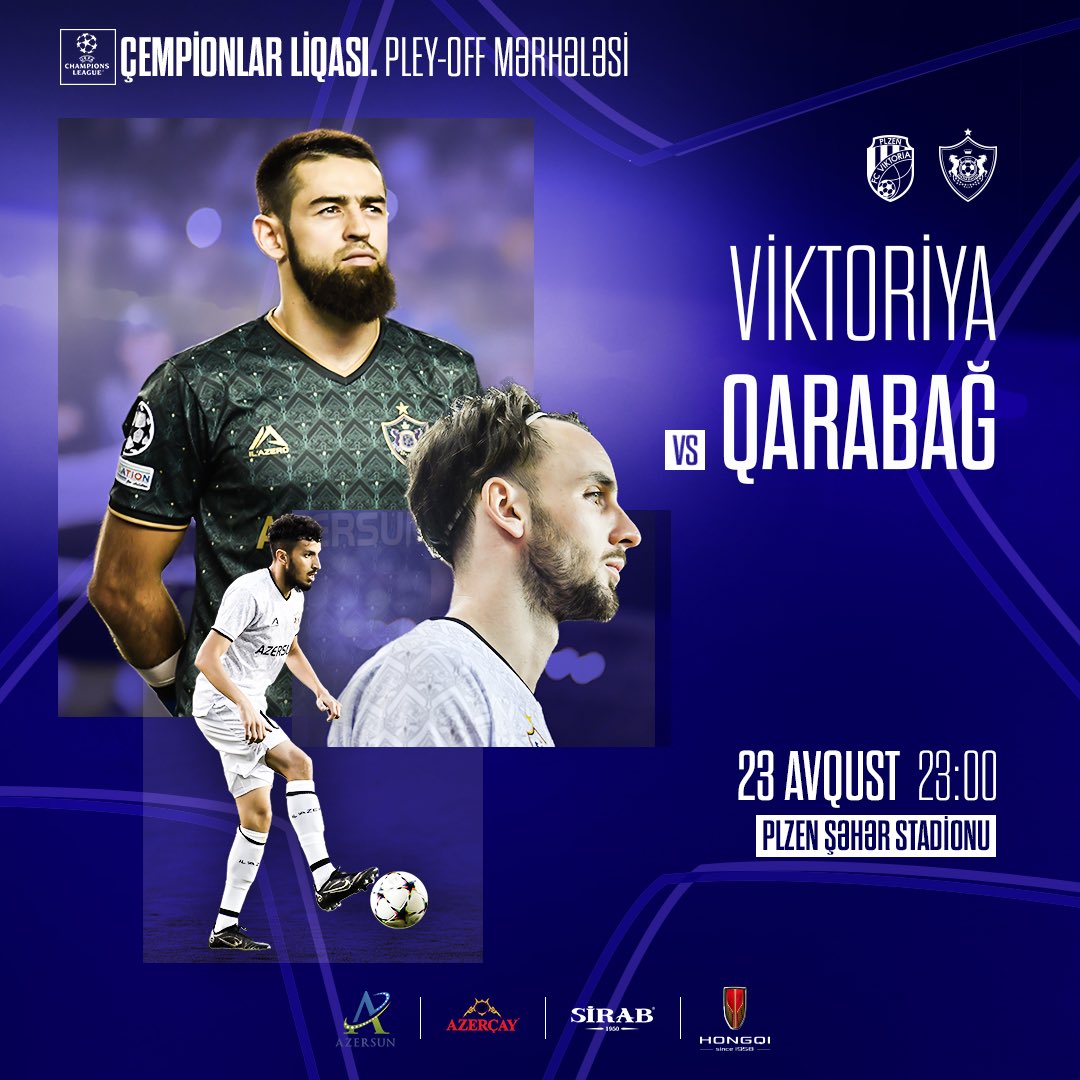 FKQarabagh's tweet photo. 🏆 UEFA Çempionlar Liqası
⚔️ Pley-off mərhələsinin cavab oyunu
⚽️ “Viktoriya” 🆚 “Qarabağ”
🗓 23 avqust
🕙 23:00
🏟 Plzen şəhər stadionu
📺 CBC Sport
#QarabağFK #UCL #PLZQFK #QFKtogether https://t.co/0EnnHcWfFH