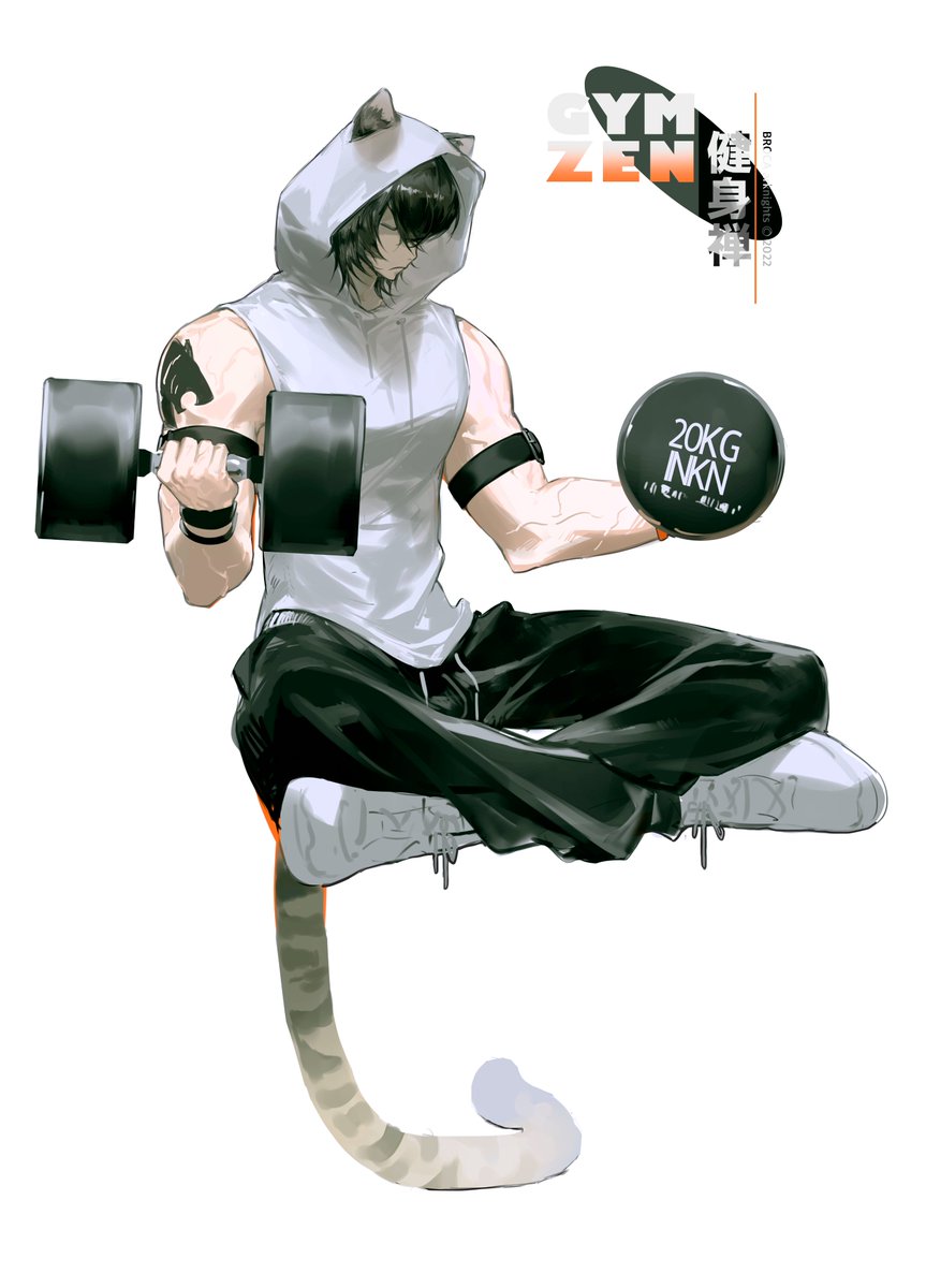 1boy male focus dumbbell hood solo tail exercise  illustration images