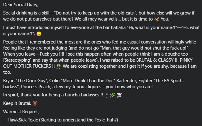 HawkSickToxic's tweet photo. #DearSocialDiary3 #HawkSick #HawkSickToxic #OnlineDiary #LeavingATrail #ImmortalizeYourself #Twitch #Drinking #Toking #DoWhateverYouWantSoLongAsYouDoNotHurtOthersOrYourselfAndCanSupportIt #LoveEVERYONE 🐝 #Judgefree https://t.co/TaY35hhBKi