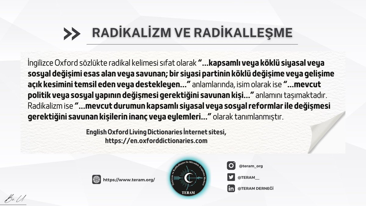 TAAM_Merkezi's tweet photo. Radikalleşme Kavramları❓
Radikal ve radikalizm nedir?
#TERAM #Terörizm #Terör #Radikalleşme #Radikalizm https://t.co/NQIIhhLTG0