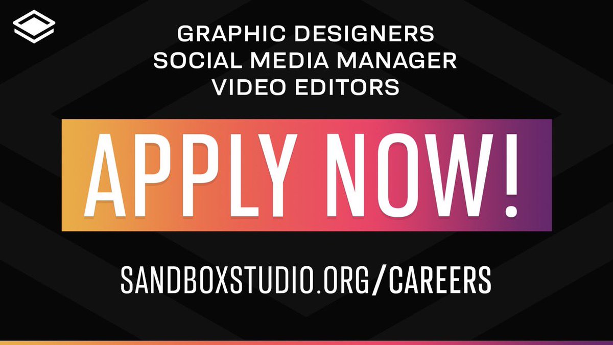 Sandbox Studio is looking for individuals to fulfil these roles 💼⤵️

▫️ Apparel designers (paid)
▫️ Social Media Manager
▫️ Video Editor 45-75$ a month 

To apply, join our official discord &amp; open a ticket 🎫
➡️discord.gg/sandboxstudio