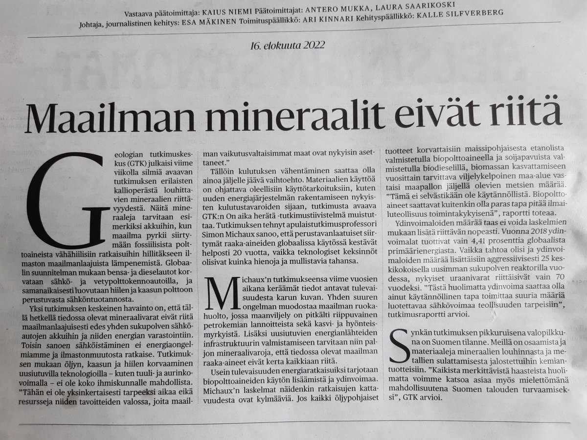 Suositeltavaa tutustua #GTK'n tutkimukseen hahmottaakseen mitä vaihtoehtoiset #energia, #materiaali, #liikenne ratkaisut vaativat? #talous #luonto #kaivos #mineraalit #kulutus #ekologia #ekonomia #ilmastonmuutos #kiertotalous #luonnonvarat gtk.fi/ajankohtaista/…