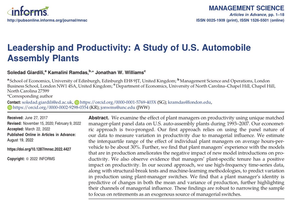Good middle managers matter a lot!

Who the plant manager is in car factory explains more of the productivity difference between plants than who the CEO of the company is. Replacing a bottom quartile manager with a top quartile one decreases hours needed to build a car by 30%.