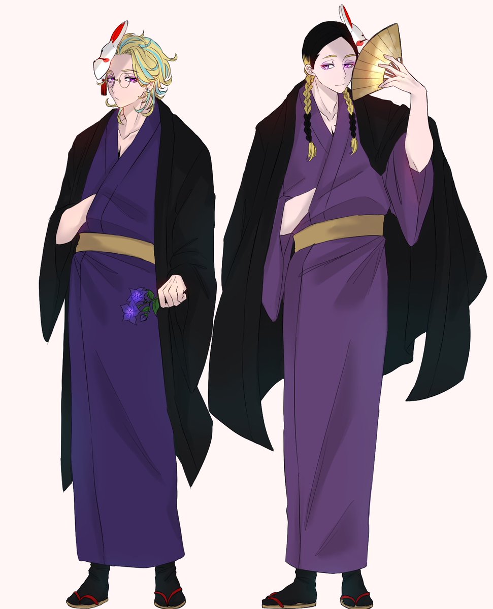 2boys multiple boys hand fan japanese clothes male focus blonde hair purple eyes  illustration images