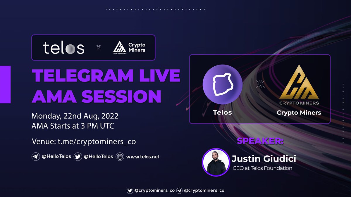 🎙️We're pleased to announce our exclusive #AMA with #TELOS on 22nd August at 3 PM UTC 🥳

🏠Venue: t.me/CryptoMiners_Co

〽️Rules:
1⃣ Follow @Cryptominers_co &amp; <a href="/HelloTelos/">Telos</a>
2⃣ Like &amp; RT
3⃣ Comment Questions &amp; Tag 3 Friends 
#TELOS #TLOS #OG #OGSeries #EVM #Blockchain #DEFI