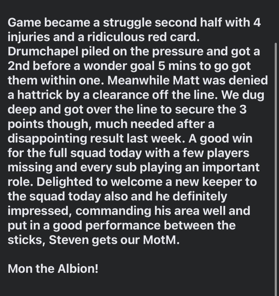 EK Albion (@ekalbion) on Twitter photo Full time result:
Drumchapel 3-4 EK ALBION
⚽<a href="/MatthewOHare11/">Matt O'Hare</a> (Adam)
⚽️<a href="/SeanKelly1888/">Sean Kelly</a> (Pen)
⚽️<a href="/MatthewOHare11/">Matt O'Hare</a> (Ryan J)
⚽️<a href="/SeanKelly1888/">Sean Kelly</a> (Adam)
⭐️ Steven Vincent ⭐️ Full time result:
Drumchapel 3-4 EK ALBION
⚽<a href="/MatthewOHare11/">Matt O'Hare</a> (Adam)
⚽️<a href="/SeanKelly1888/">Sean Kelly</a> (Pen)
⚽️<a href="/MatthewOHare11/">Matt O'Hare</a> (Ryan J)
⚽️<a href="/SeanKelly1888/">Sean Kelly</a> (Adam)
⭐️ Steven Vincent ⭐️