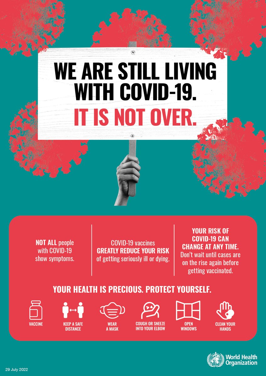 WHO's tweet photo. We’re still living with #COVID19. Don’t wait until cases are on the rise again before getting all of your recommended vaccine doses.

Your health is precious. https://t.co/TaKOoXWMSh