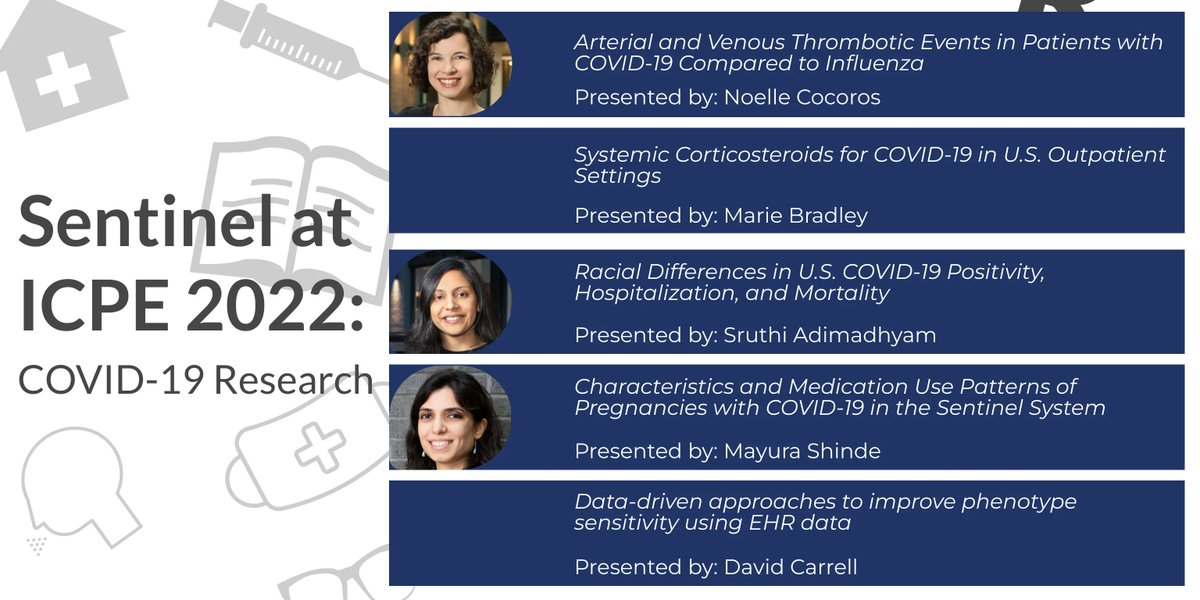 DeptPopMed's tweet photo. Want to learn more about Sentinel's #COVID-19 research? #SentinelInitiative lead authors, including investigators from @DeptPopMed will be presenting 5 #COVID19 presentations at #ICPE2022! #epitwitter #pharmacoepi
Find the schedule here: https://t.co/q2t5HMmd3v https://t.co/45CN5Upq8o