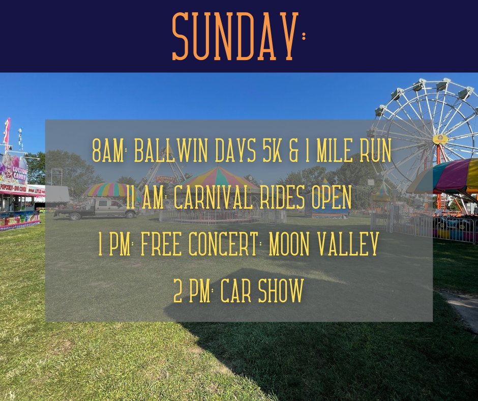 🎡Join us for the final day of #BallwinDays2022!🎇

Here's what's on tap for Ballwin Days Festival in Vlasis Park from 11 a.m. to 5:30 tonight.

Go to ballwindays.com for more information!