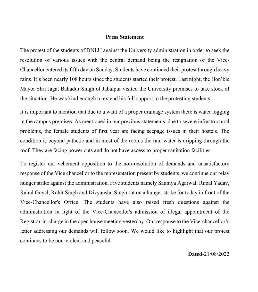 divvyannshuu's tweet photo. Press Release dated- 21/08/22

#dnlu_protest #dnluprotests #vcdown https://t.co/a51MOnxqvl