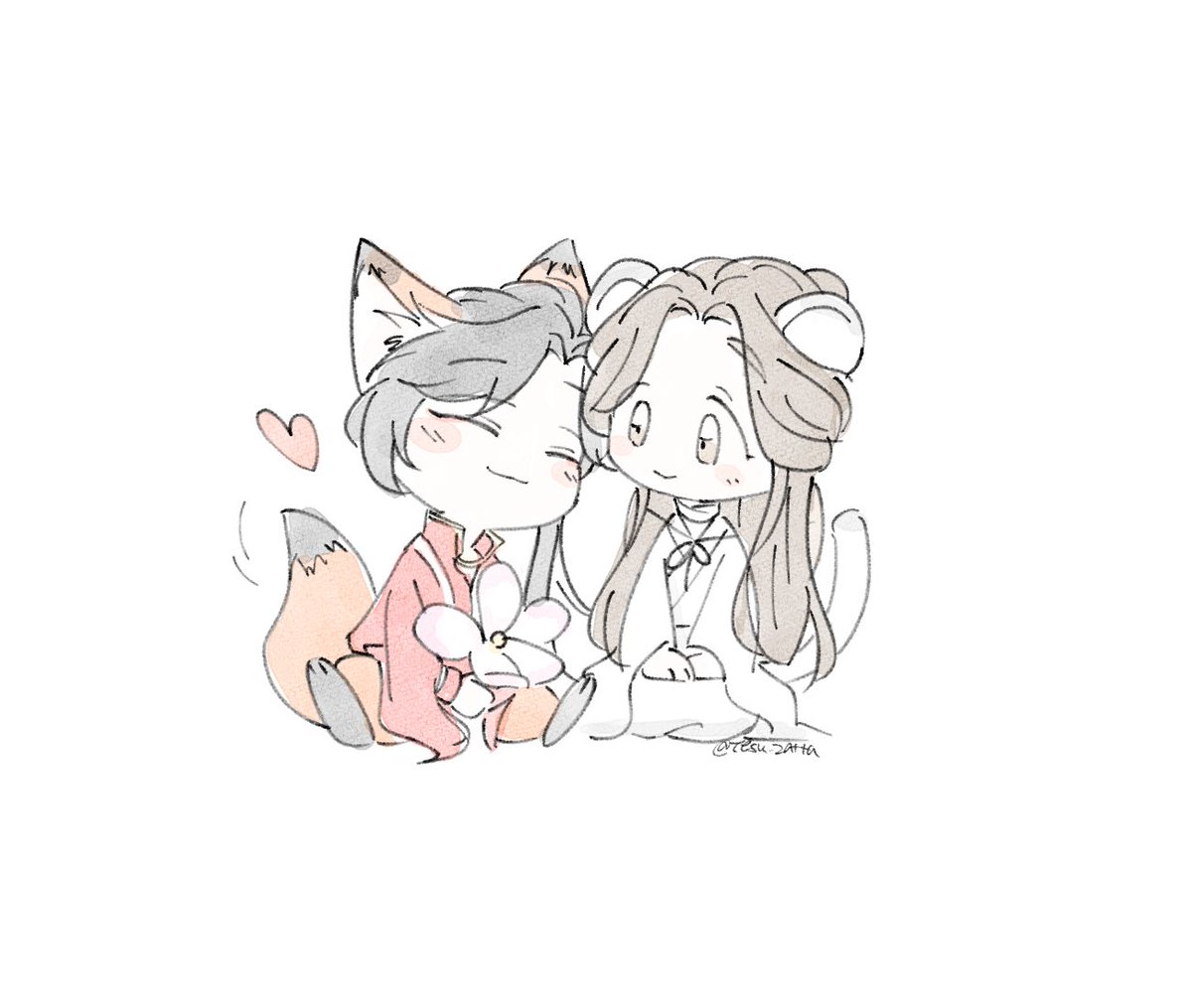 animal ears heart closed eyes tail fox ears 2girls smile  illustration images