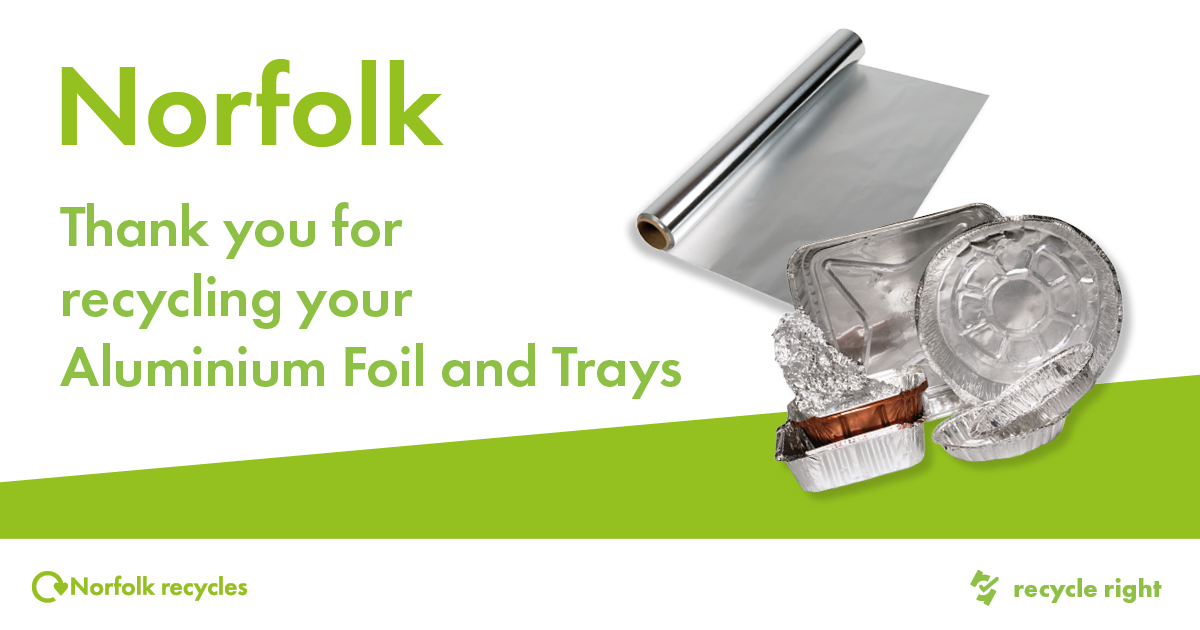 Norfolk Recycles (@norfolkrecycles) on Twitter photo Clean tin foil and foil trays, like those used for takeaways can be recycled. 
Top Tip – Scrunch the foil into a ball as it makes us easier to recycle. 
#RecycleRight #RecycleYourFoil Clean tin foil and foil trays, like those used for takeaways can be recycled. 
Top Tip – Scrunch the foil into a ball as it makes us easier to recycle. 
#RecycleRight #RecycleYourFoil