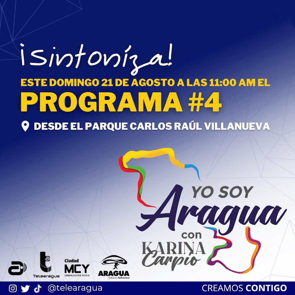 viasdearaguas's tweet photo. Hoy a las 11:00 AM imperdible el programa de nuestra Gobernadora @Soykarinacarpio #YoSoyAragua a través de @Telearagua @99Punto5 
#AraguaEsProductiva https://t.co/flCSkPbS5K
