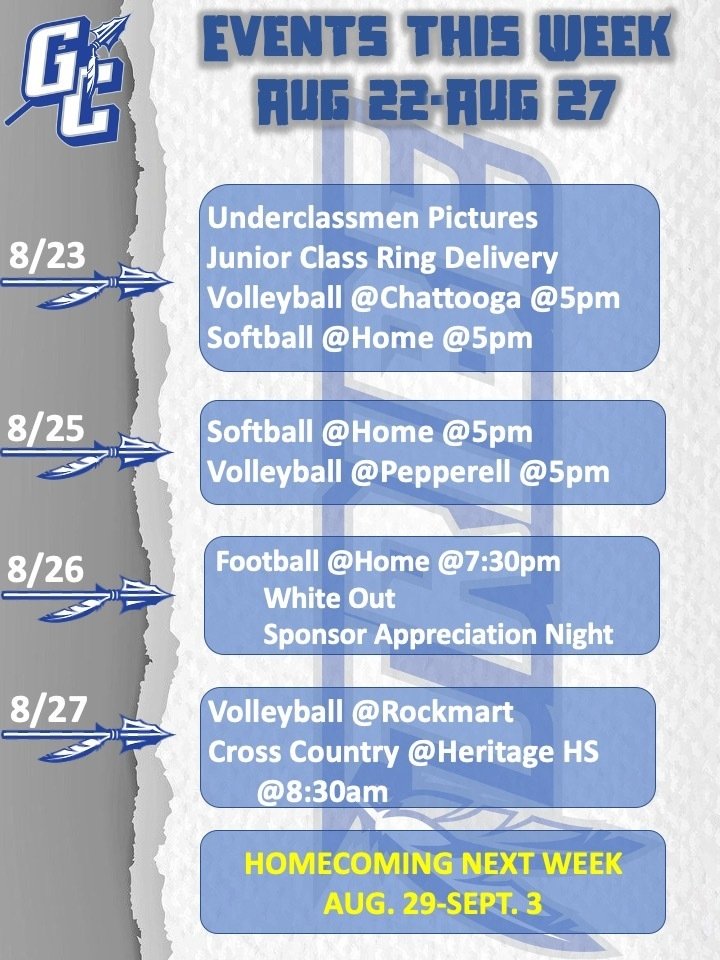 GCHS Events for the week of Aug. 22-27!