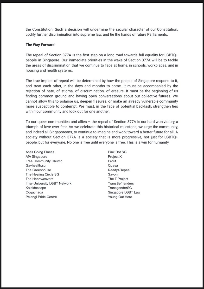 Joint media statement from Pink Dot and other leading LGBTQ+ groups in SG: The true impact of repeal will be determined by how the people of Singapore respond to it, and treat each other, in the days and months to come.