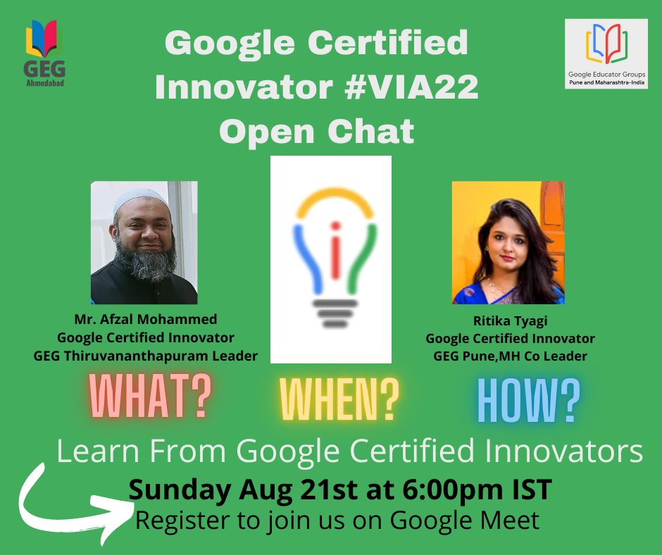♥️ Sunday <a href="/GEGPune/">GEG Pune and Maharashtra</a> and <a href="/GEGAhmedabad/">GEG Ahmedabad</a> Session on #VIA22 Application and Info!! 
💚 Thank you <a href="/RitikaTyagi06/">Ritika Tyagi</a> and @itsafzalm for sharing loads of Info and guidance!!
💙 Looking Forward to more Innovations in <a href="/GoogleForEdu/">Google for Education</a> 
💛 @GEGProgram Rocks! #Learn #Share #Inspire #Empower 🥰