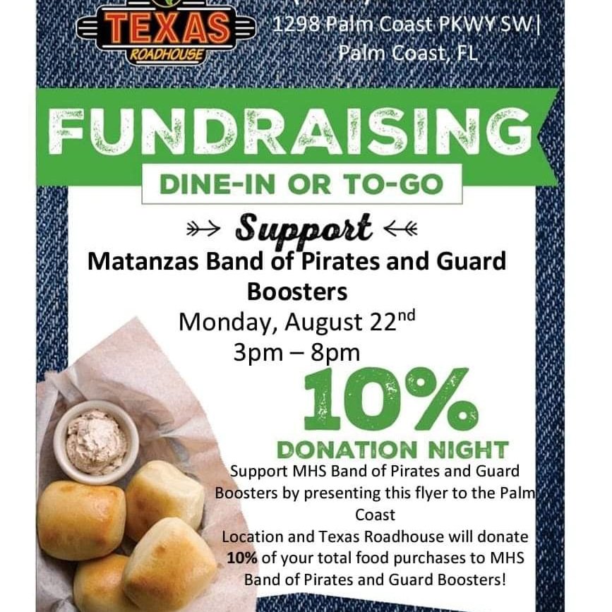 The MHS Band if Pirates are hosting a fundraising night at Texas Roadhouse on Monday August 22! You just need to mention the MHS Band and your order will count in our totals.  You can order take-out or dine in both will count! #wootband #gopirates @MHSPirateNation